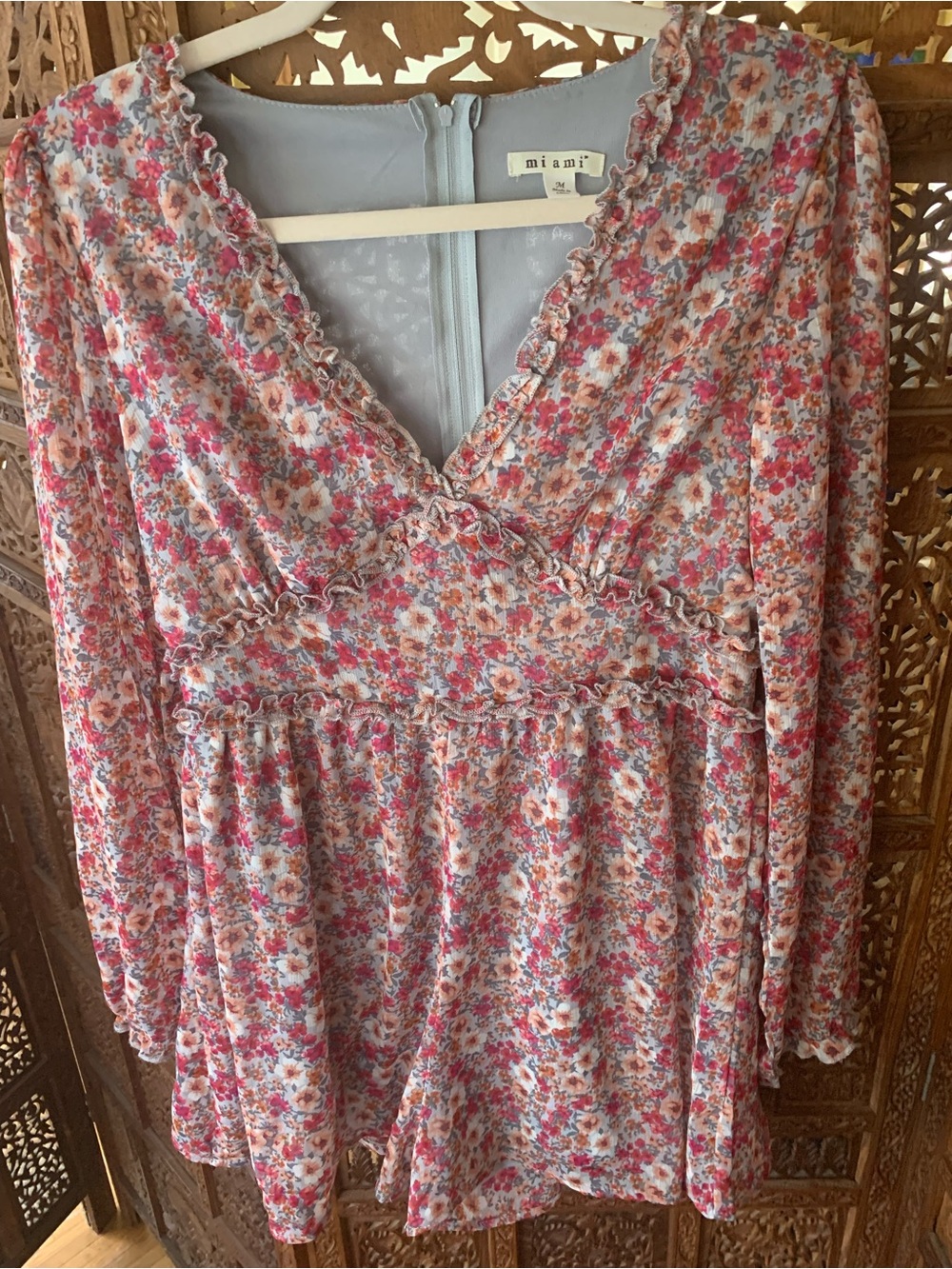 miami Romper Floral Ruffle V-Neck Tunic Romper in Pink & Cream